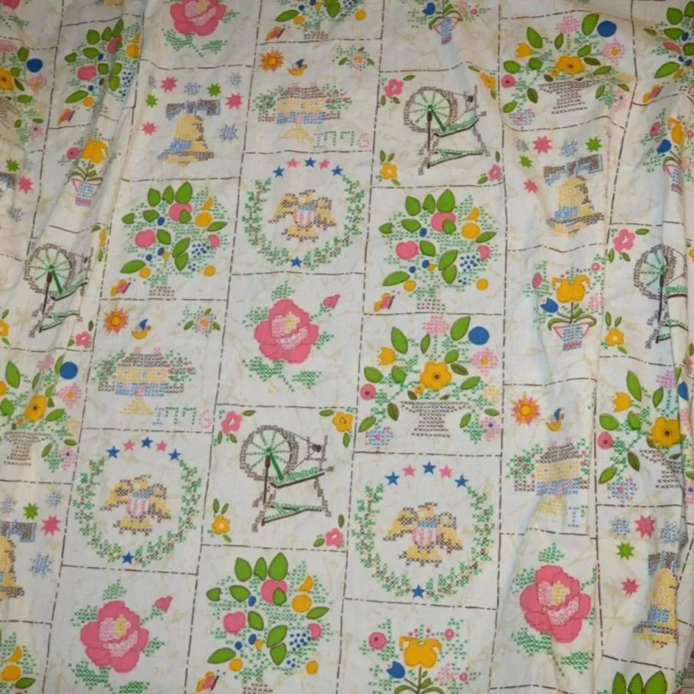 Vintage Utica Tastemaker Faux Cross Stitch Americana Twin Sheet Set Bicentennial
